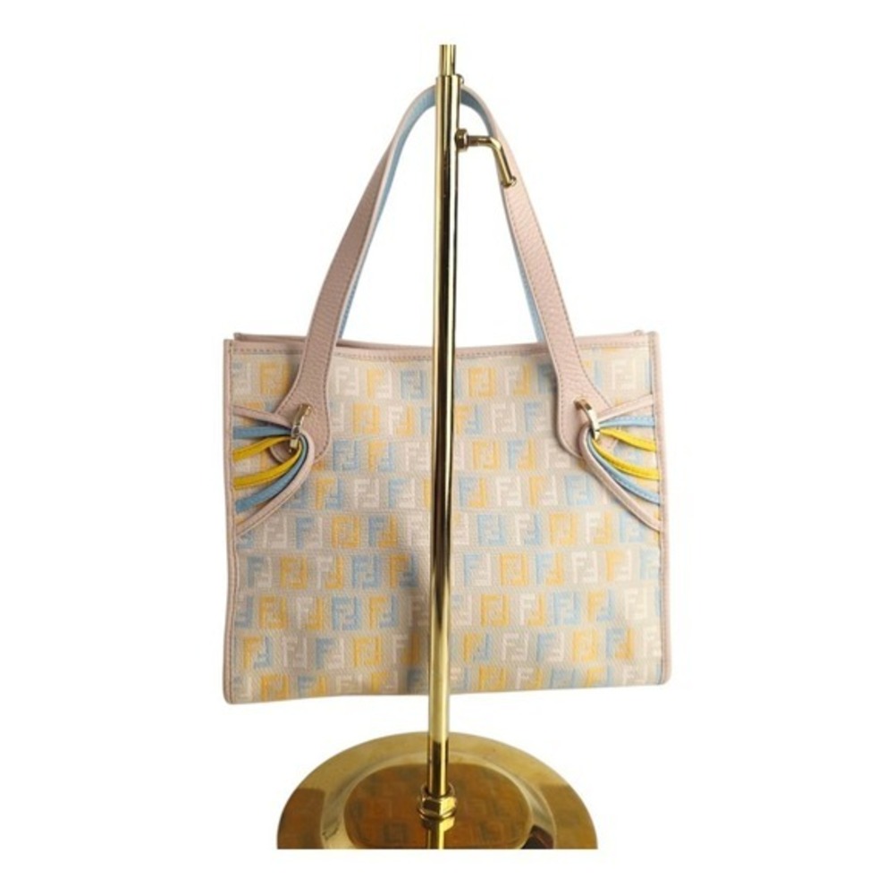 FENDI Zucchino Canvas Small  Shopping Handbag Tote Beige Blue Yellow Dustbg Rare - Picture 4 of 17